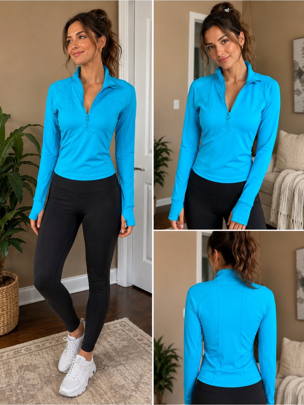 Composition Half-Zip Active Pullover Top - Bright Turquoise Size Small A340